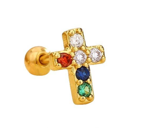 Single multicoloured rhinestone small gold cross earring