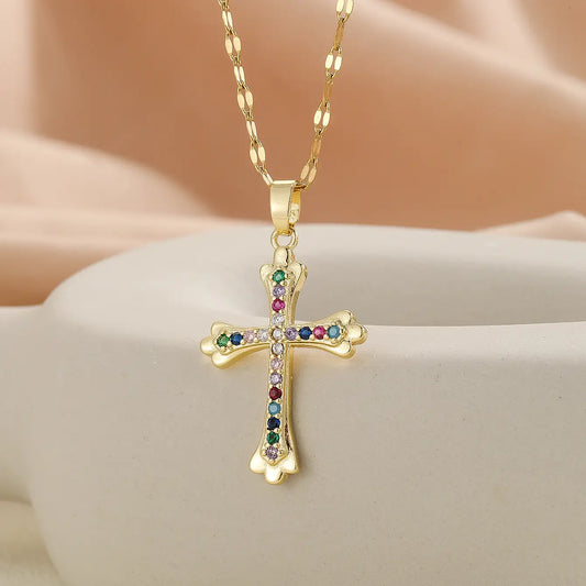 Bright twinkly multicolour rhinestone cross pendant necklace